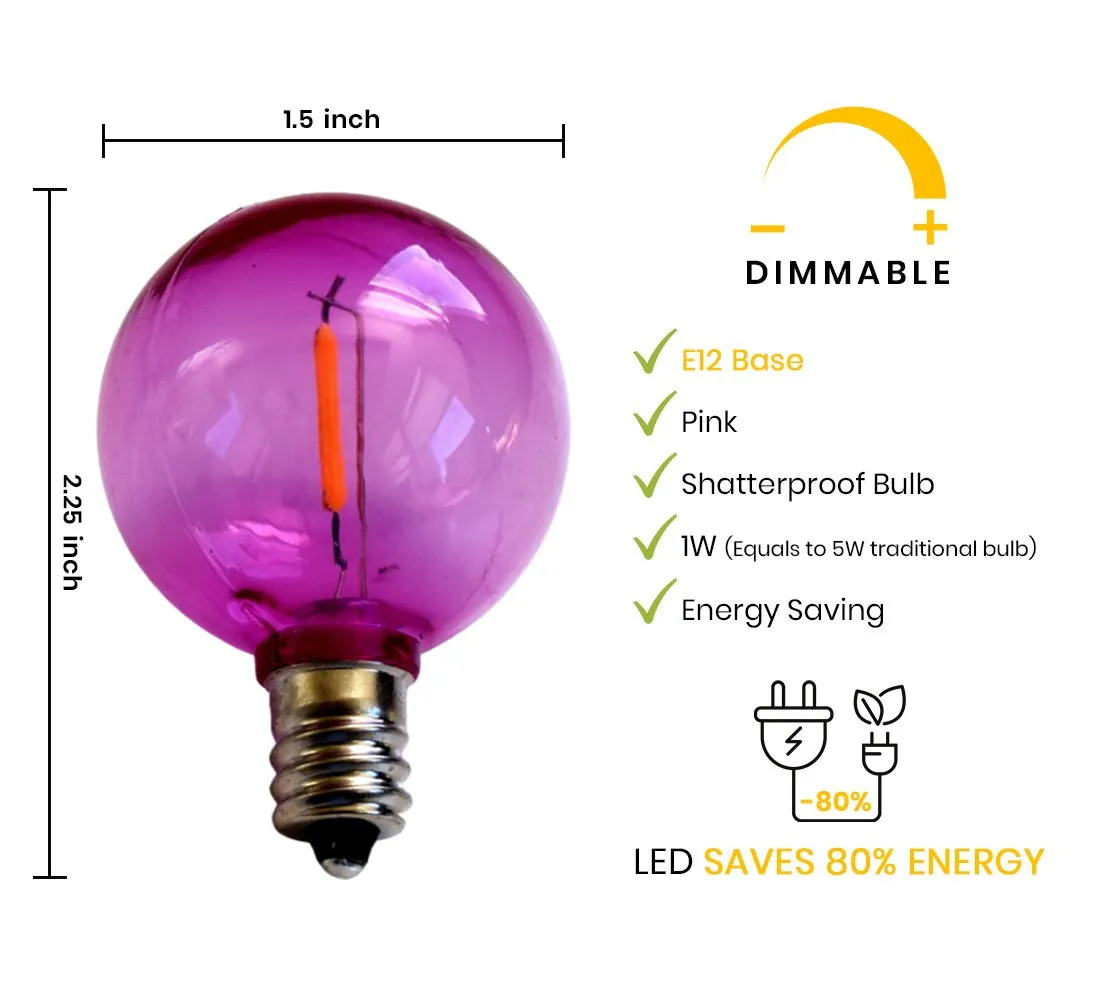 10-PACK Fuchsia / Hot Pink LED Filament G40 Globe Shatterproof Energy Saving Color Light Bulb, Dimmable, 1W,  E12 Candelabra Base