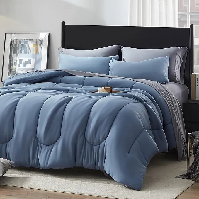 100% Microfiber Jersey Knit Comforter Set Duvet Set with Pillow Shams Stone Blue