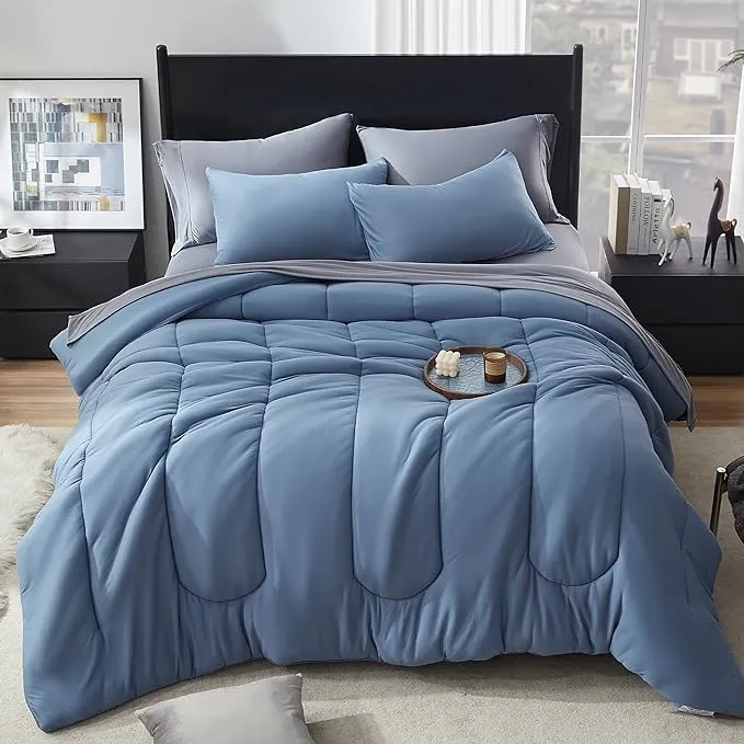 100% Microfiber Jersey Knit Comforter Set Duvet Set with Pillow Shams Stone Blue