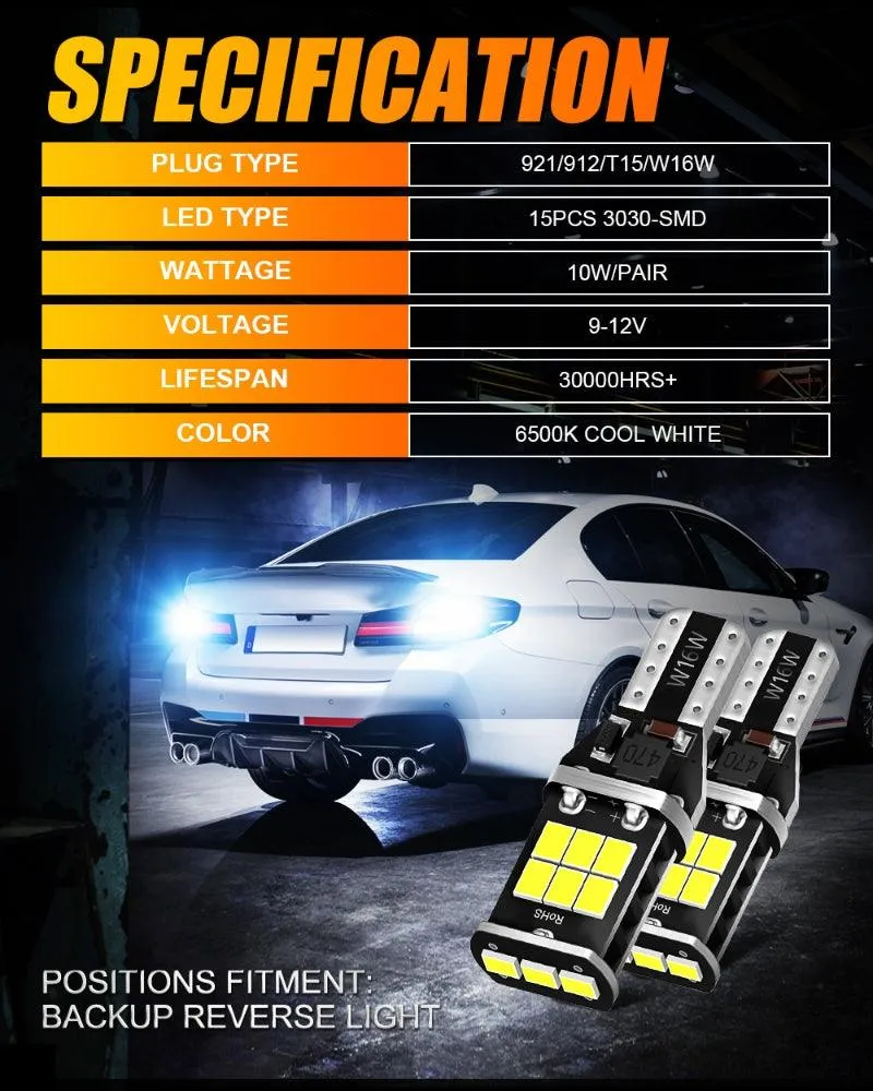 (2pcs/set) 921/912/T15/W16W Highbrightness LED Reverse Lights Back up Canbus LED Bulbs 6500K White