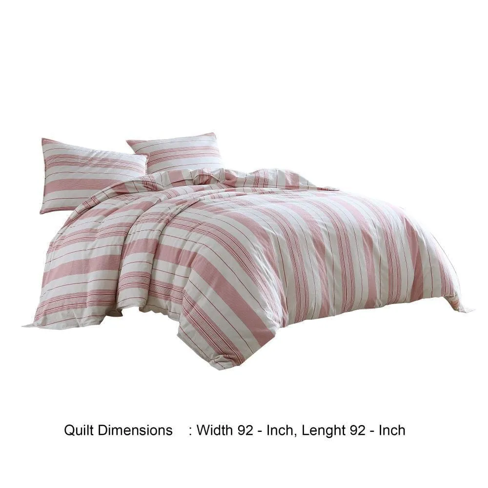 3 Piece Queen Comforter Set with Vertical Stripes Pattern, White and Pink By Casagear Home