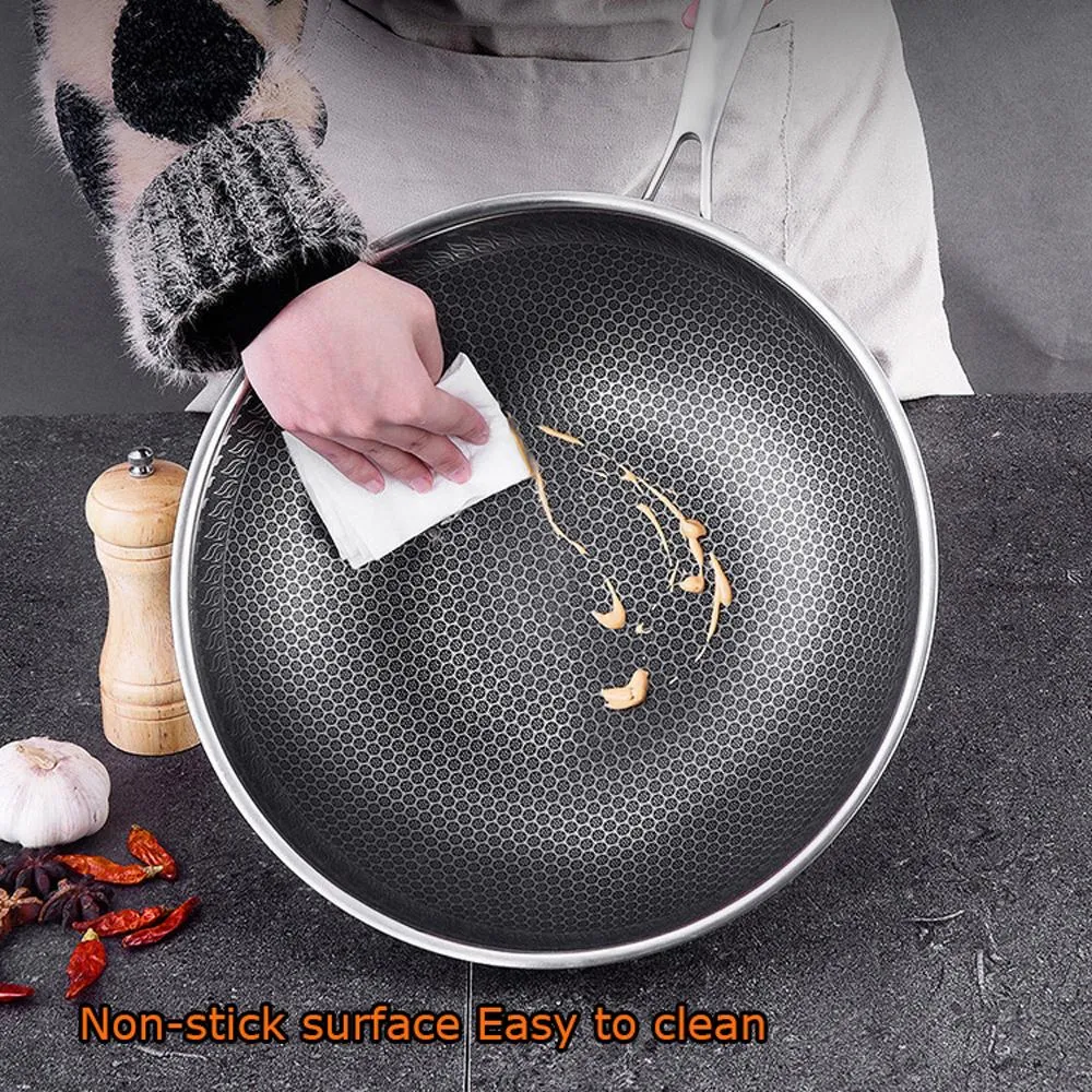 316 Stainless Steel Non-Stick Stir Fry Cooking Kitchen Honeycomb Wok Pan 32cm