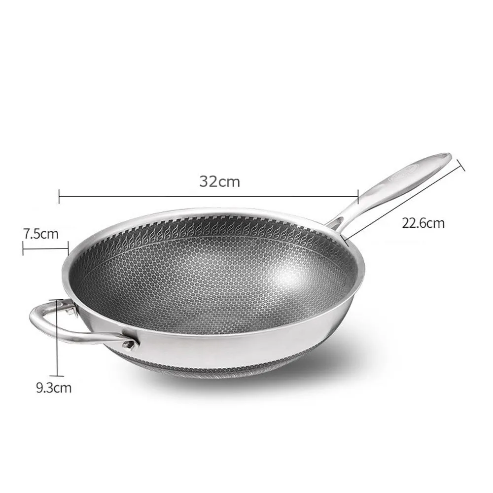 316 Stainless Steel Non-Stick Stir Fry Cooking Kitchen Honeycomb Wok Pan 32cm