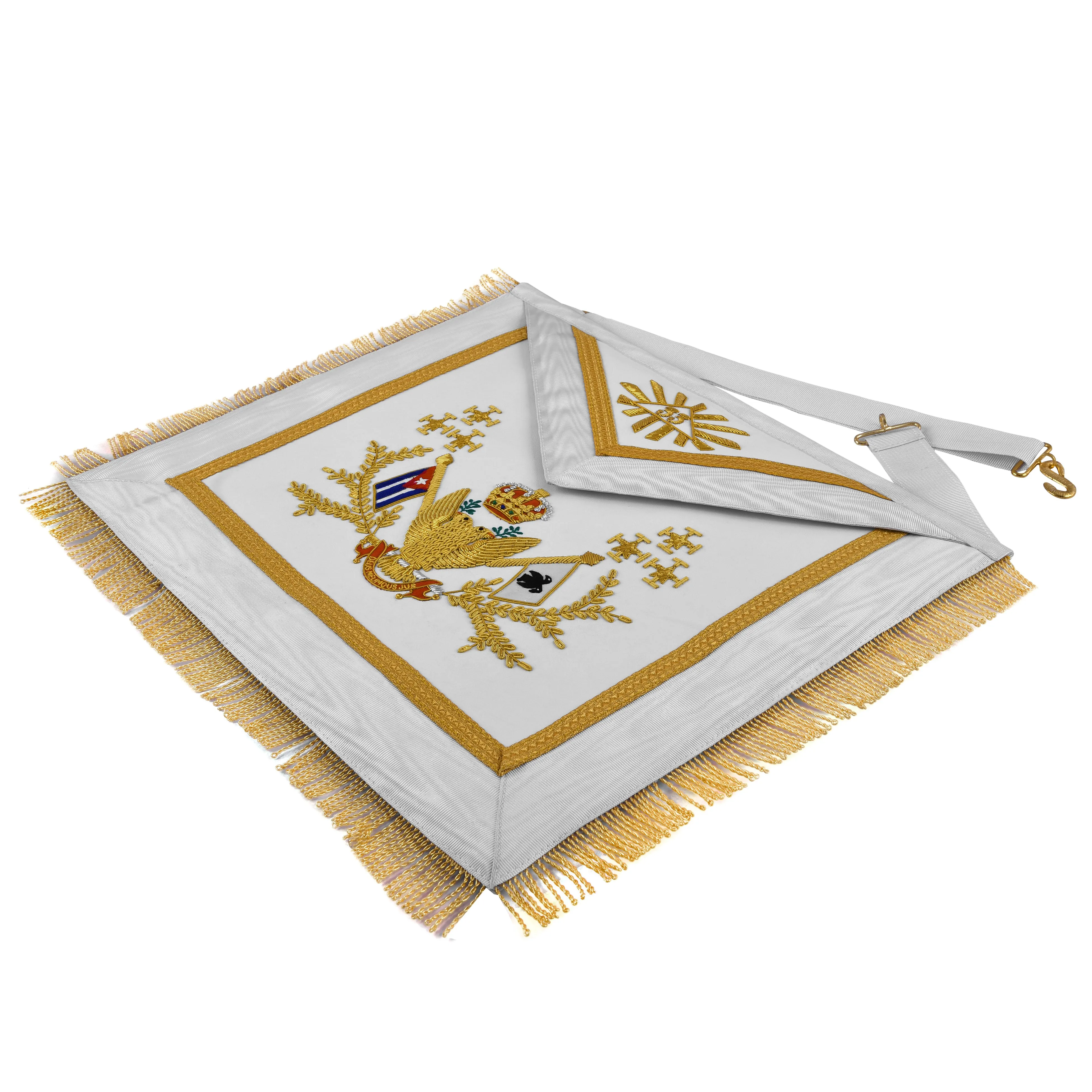 33rd Degree Scottish Rite Apron - Hand Embroidery Gold Bullion Wings Up ALL COUNTRIES FLAGS