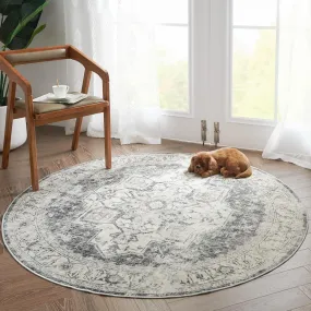 4ft Round Grey Chenille Machine Washable Rug