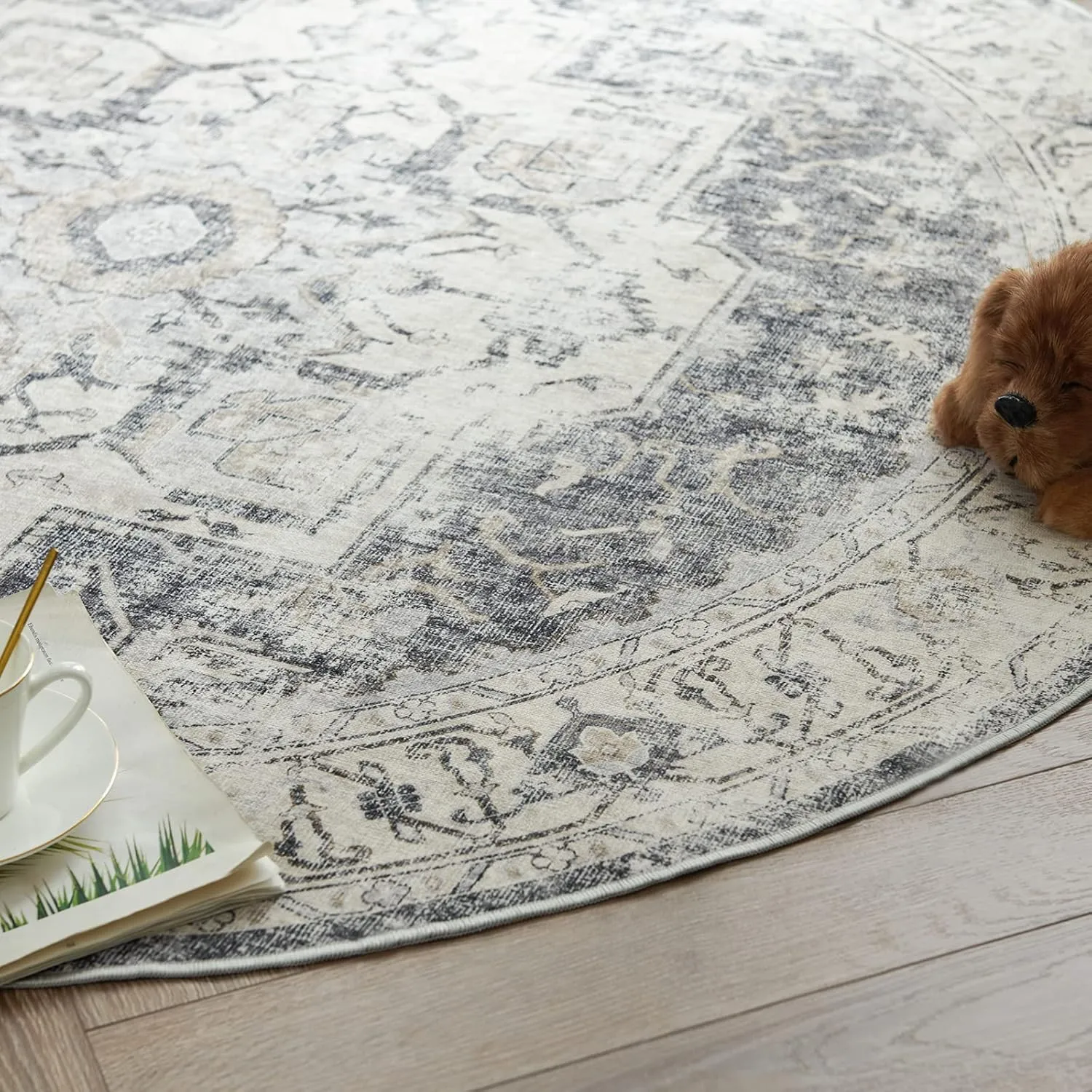 4ft Round Grey Chenille Machine Washable Rug