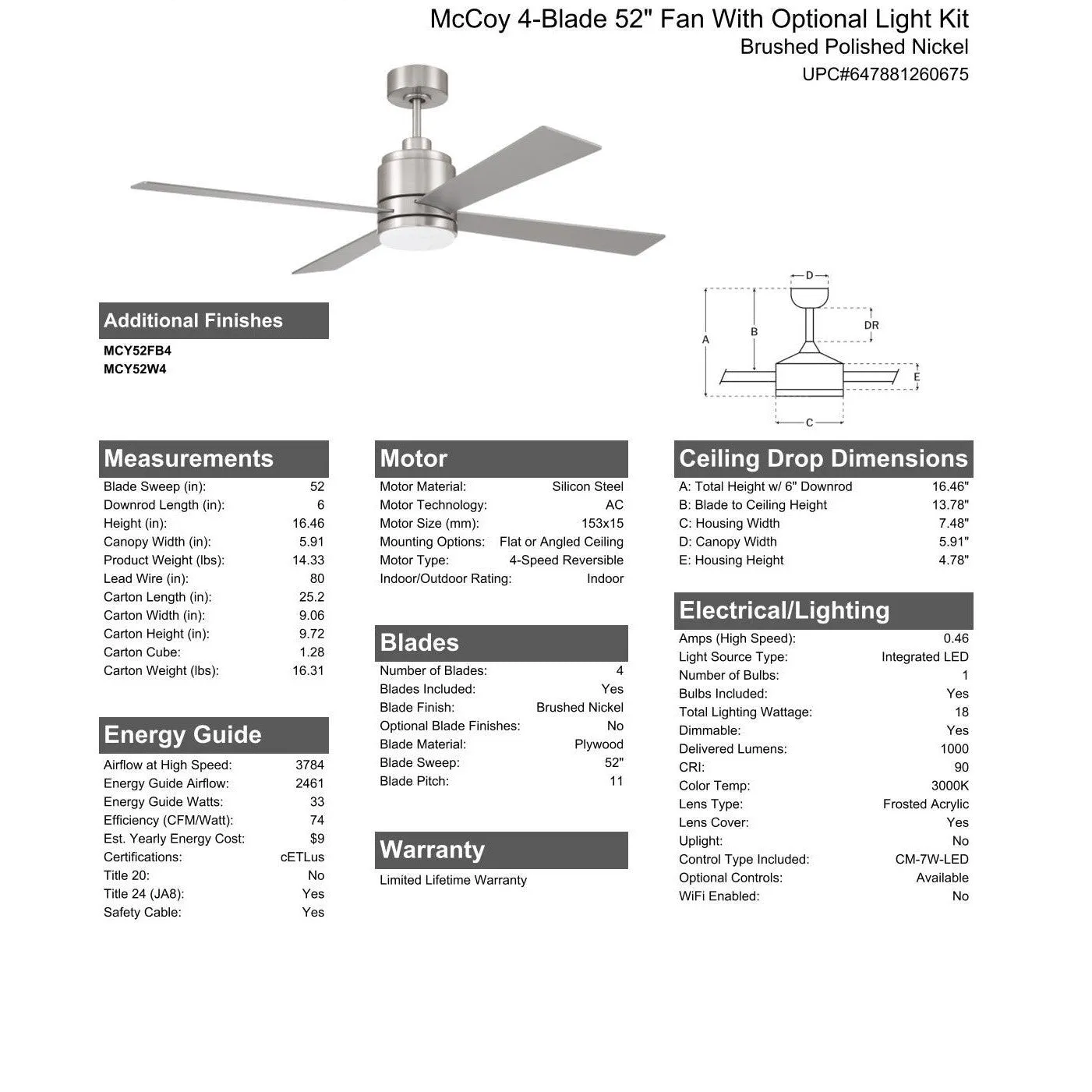 52" McCoy 4-Blade in Brushed Polished Nickel w/ Brushed Nickel Blades