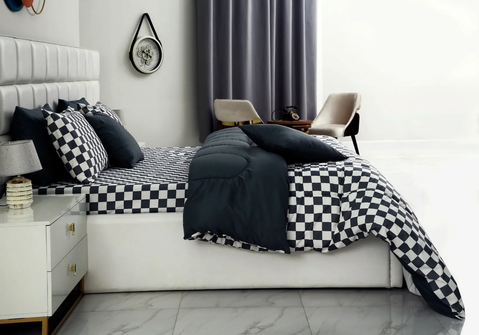 8 PCs Winter Comforter Set-Grey Chess