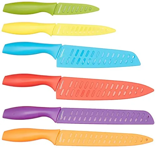 Amazon Basics 6 Stainless-Steel Colored Knives Set with Knife Covers