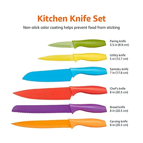 Amazon Basics 6 Stainless-Steel Colored Knives Set with Knife Covers