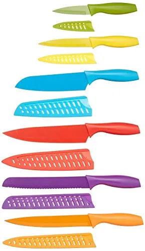 Amazon Basics 6 Stainless-Steel Colored Knives Set with Knife Covers