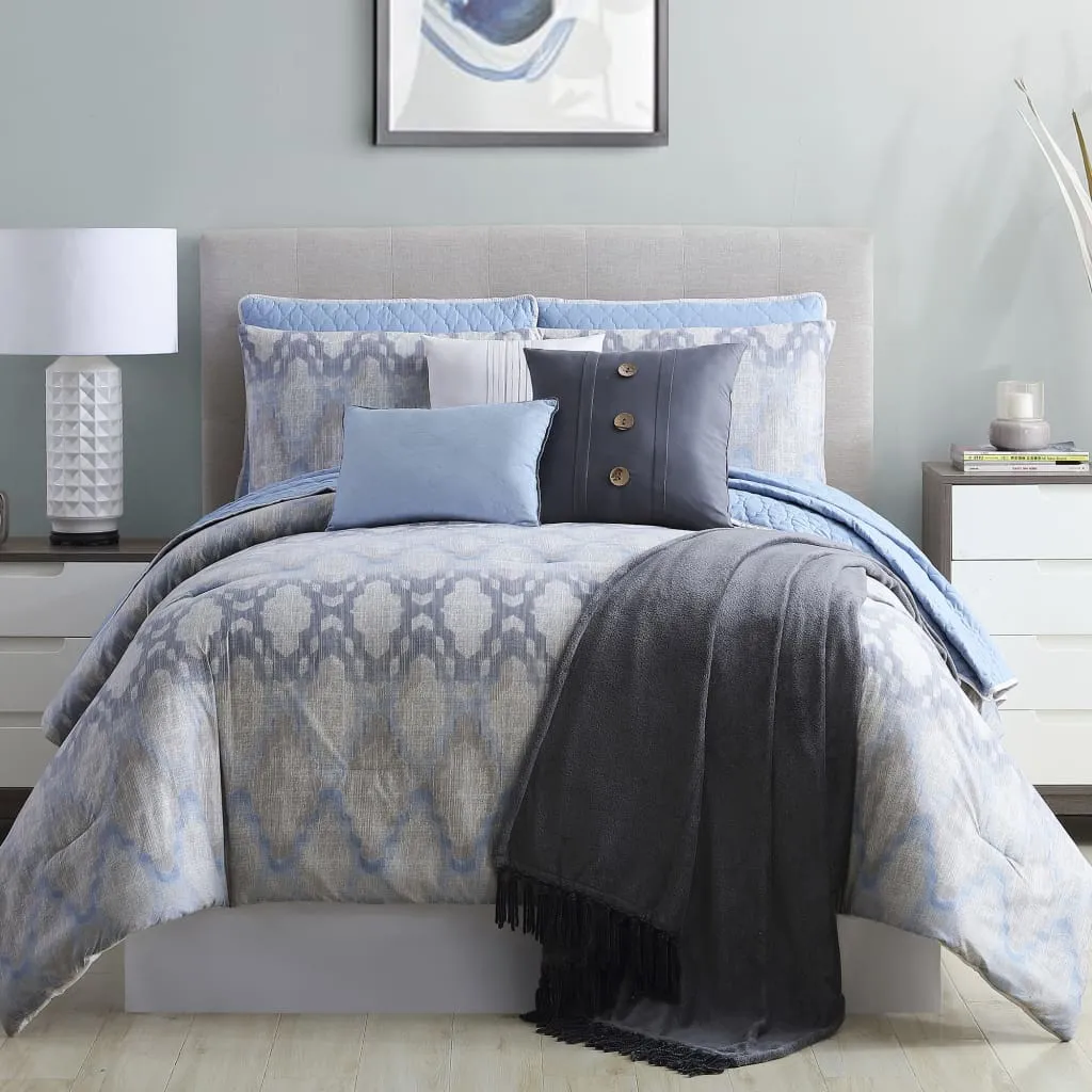 Andria 10 Piece Queen Size Comforter and Coverlet Set By Casagear Home, Blue and Gray