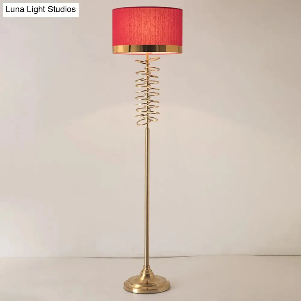 Antique Floor Lamp with White/Red Fabric Drum Shade, Single Head and Rings Deco - Ideal for Parlor