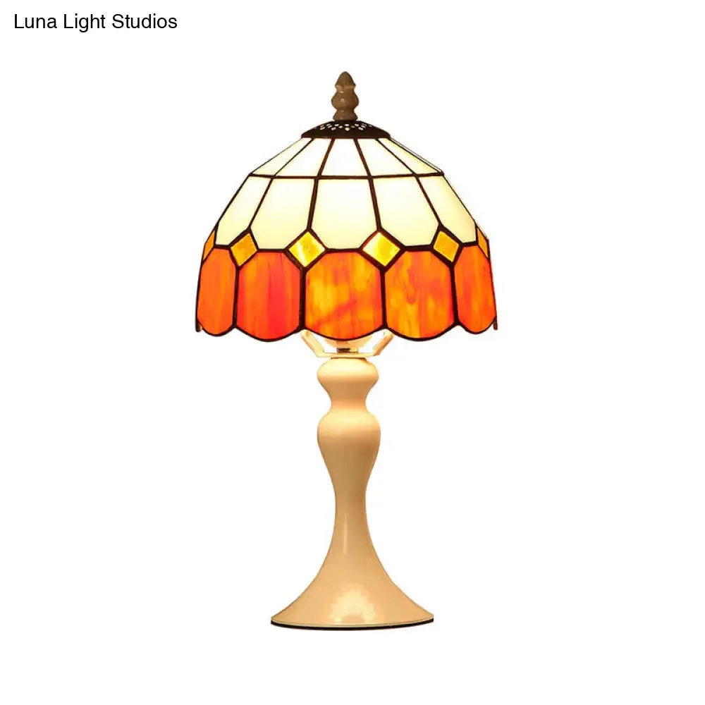 Antique Tiffany Style Orange Desk Lamp for Bedroom - Cafe Grid Domed Desk Light, Art Glass Design