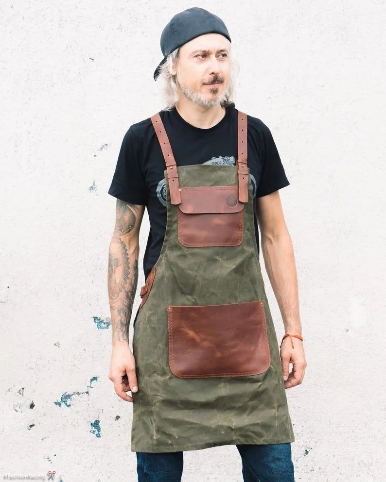 APRON - Waxed Olive Сanvas & Brown Leather | Handmade