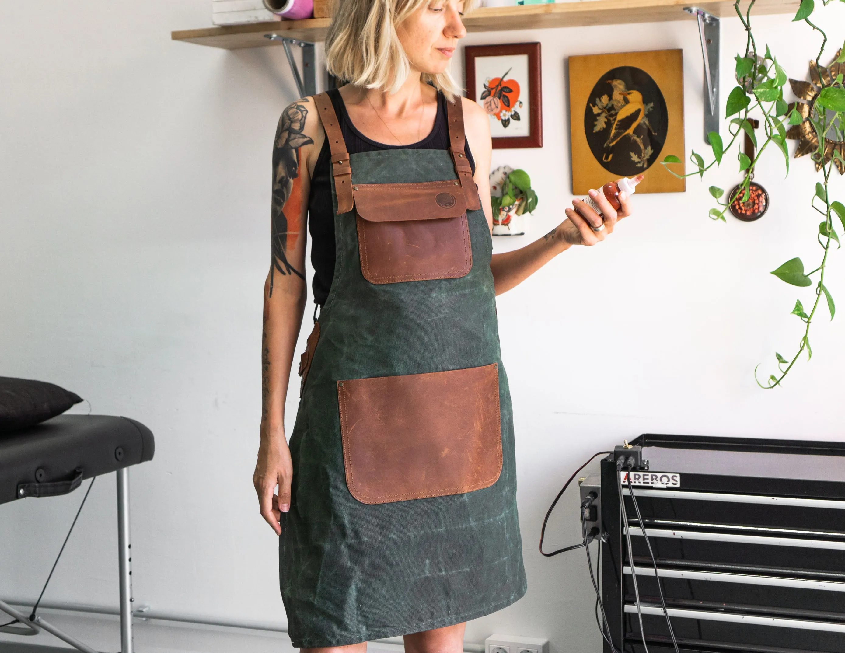 APRON - Waxed Olive Сanvas & Brown Leather | Handmade