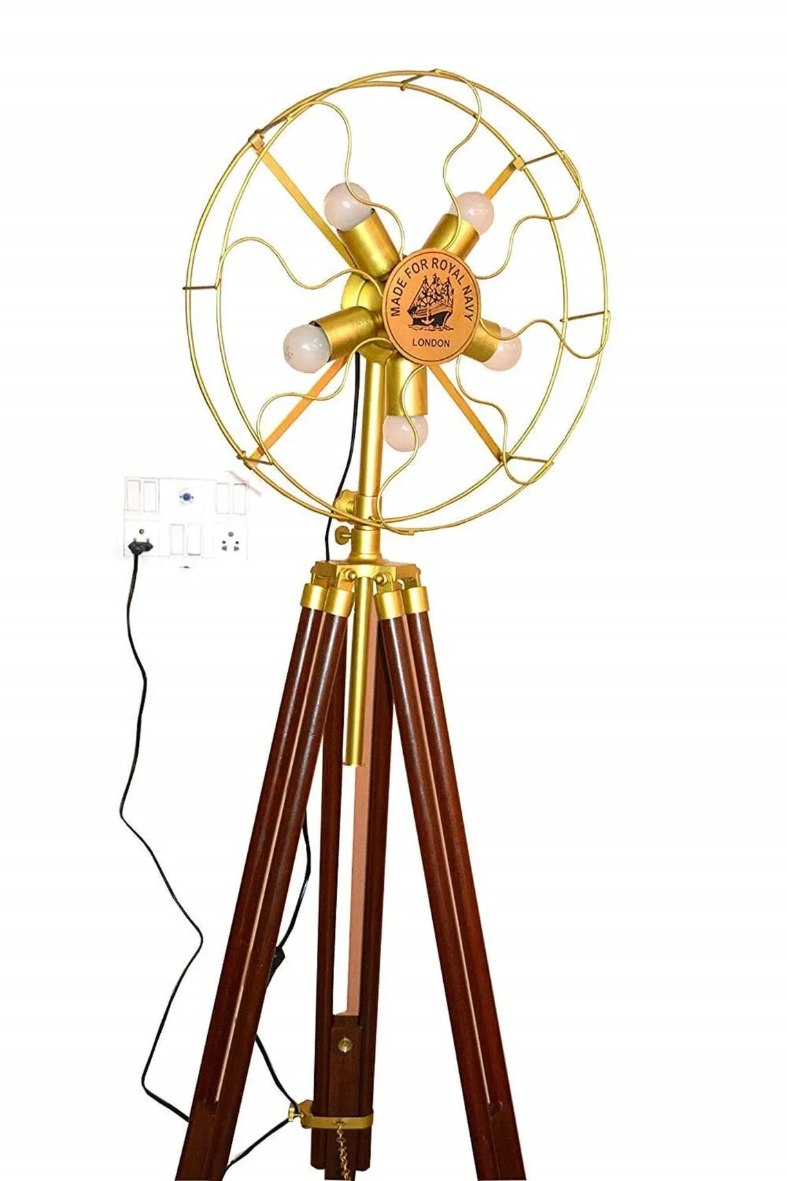 ART N CRAFT 5 Holder Fan Light With Brown Tripod Stand- Vintage Style Fan Light Brass Floor LED Lamp With Wooden Adjustable Tripod Stand Modern