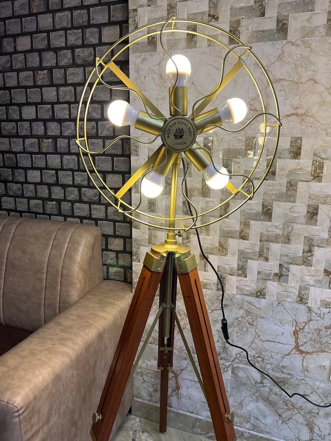 ART N CRAFT 5 Holder Fan Light With Brown Tripod Stand- Vintage Style Fan Light Brass Floor LED Lamp With Wooden Adjustable Tripod Stand Modern