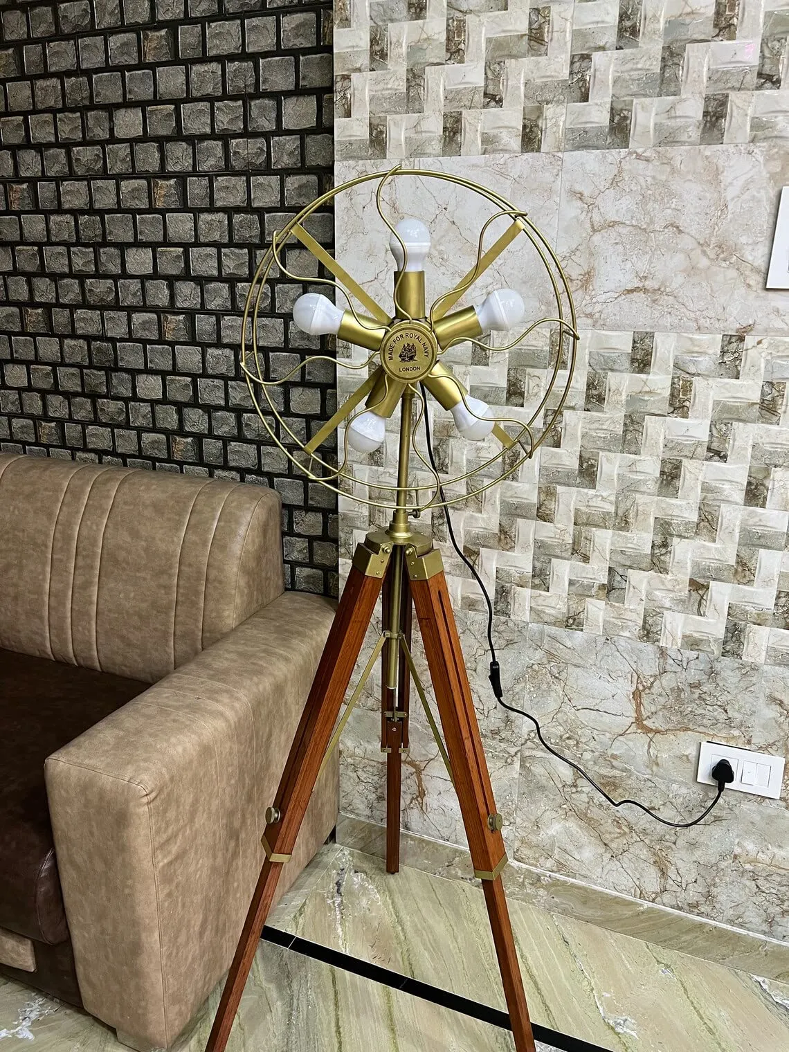 ART N CRAFT 5 Holder Fan Light With Brown Tripod Stand- Vintage Style Fan Light Brass Floor LED Lamp With Wooden Adjustable Tripod Stand Modern