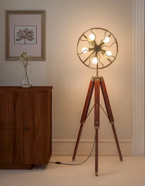 ART N CRAFT 5 Holder Fan Light With Brown Tripod Stand- Vintage Style Fan Light Brass Floor LED Lamp With Wooden Adjustable Tripod Stand Modern