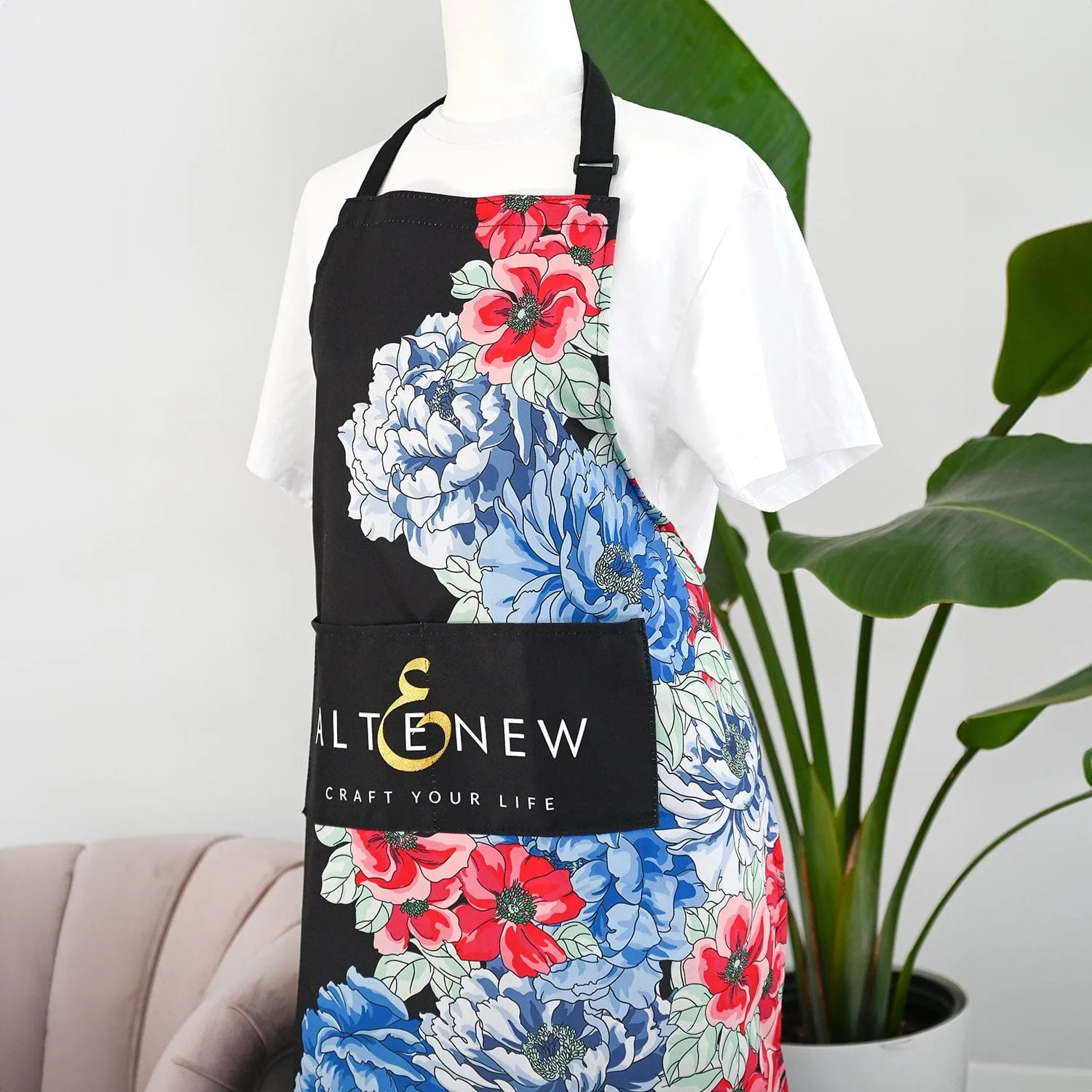 Artsy Apron: Red & Blue Billowing Peonies - Black