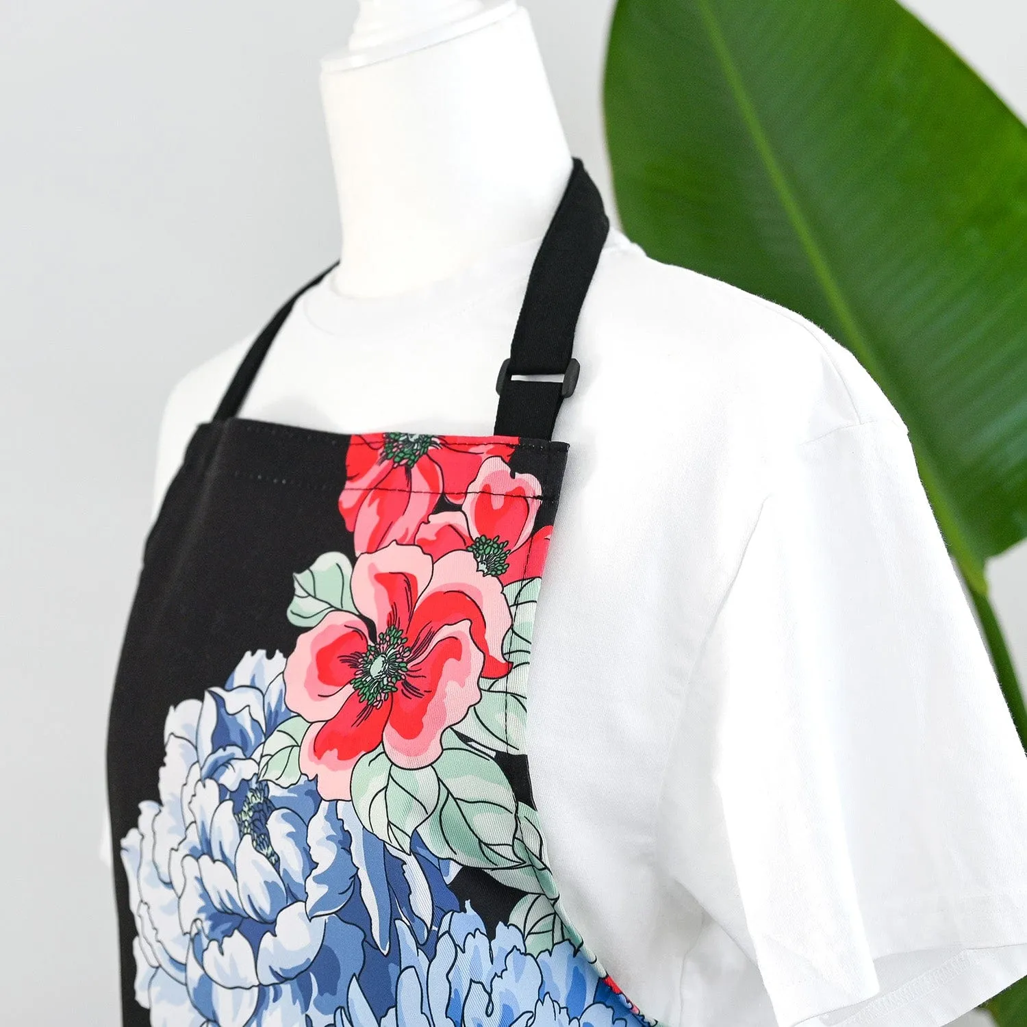 Artsy Apron: Red & Blue Billowing Peonies - Black