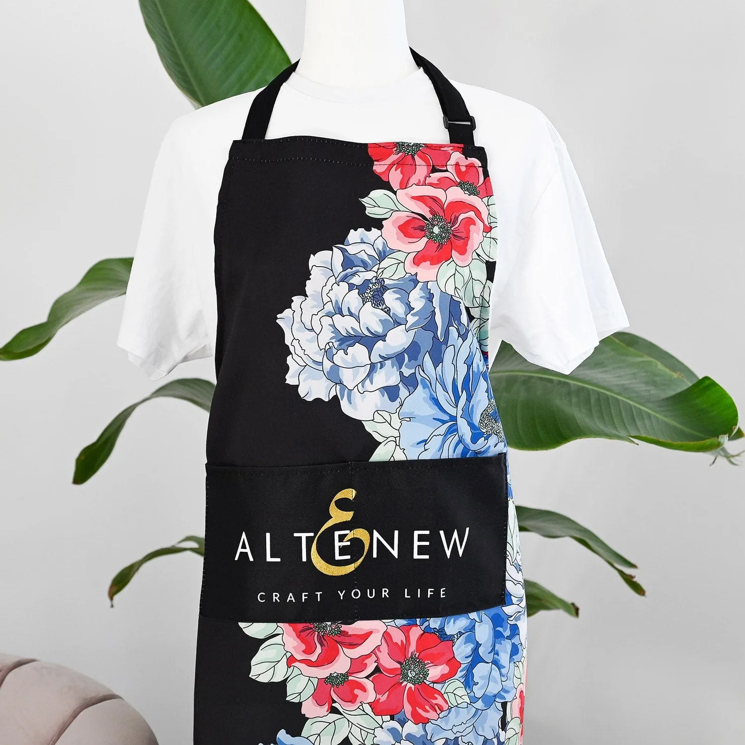 Artsy Apron: Red & Blue Billowing Peonies - Black