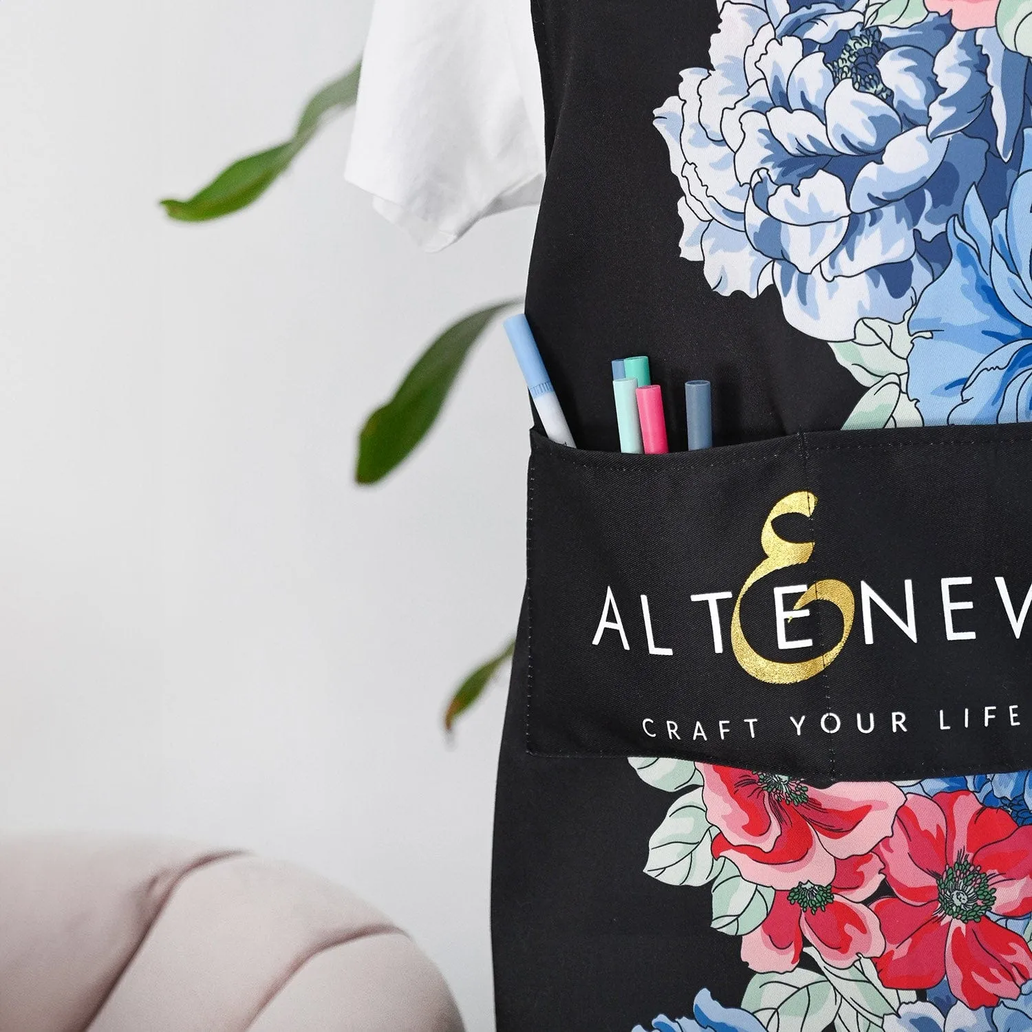 Artsy Apron: Red & Blue Billowing Peonies - Black