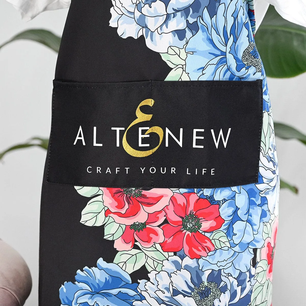 Artsy Apron: Red & Blue Billowing Peonies - Black