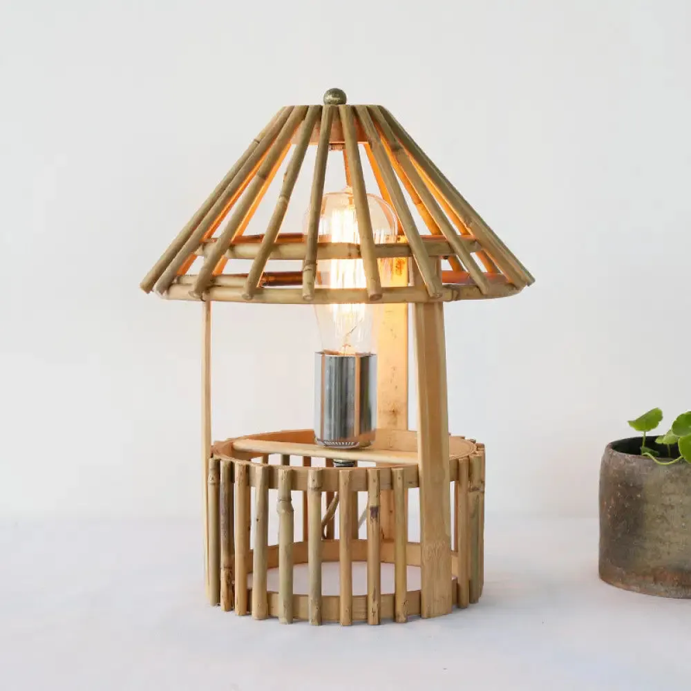 Asian Beige Desk Lamp: Handcrafted Wood Shade, Living Room Task Lighting