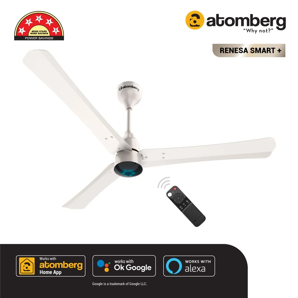 atomberg Renesa Smart  1200mm BLDC Motor 5 Star Rated Ceiling Fan with IoT and Remote | Smart and Energy Efficient Fan with LED Indicators | Saves Upto 65% Energy | 2 1 Year Warranty (Pearl White)