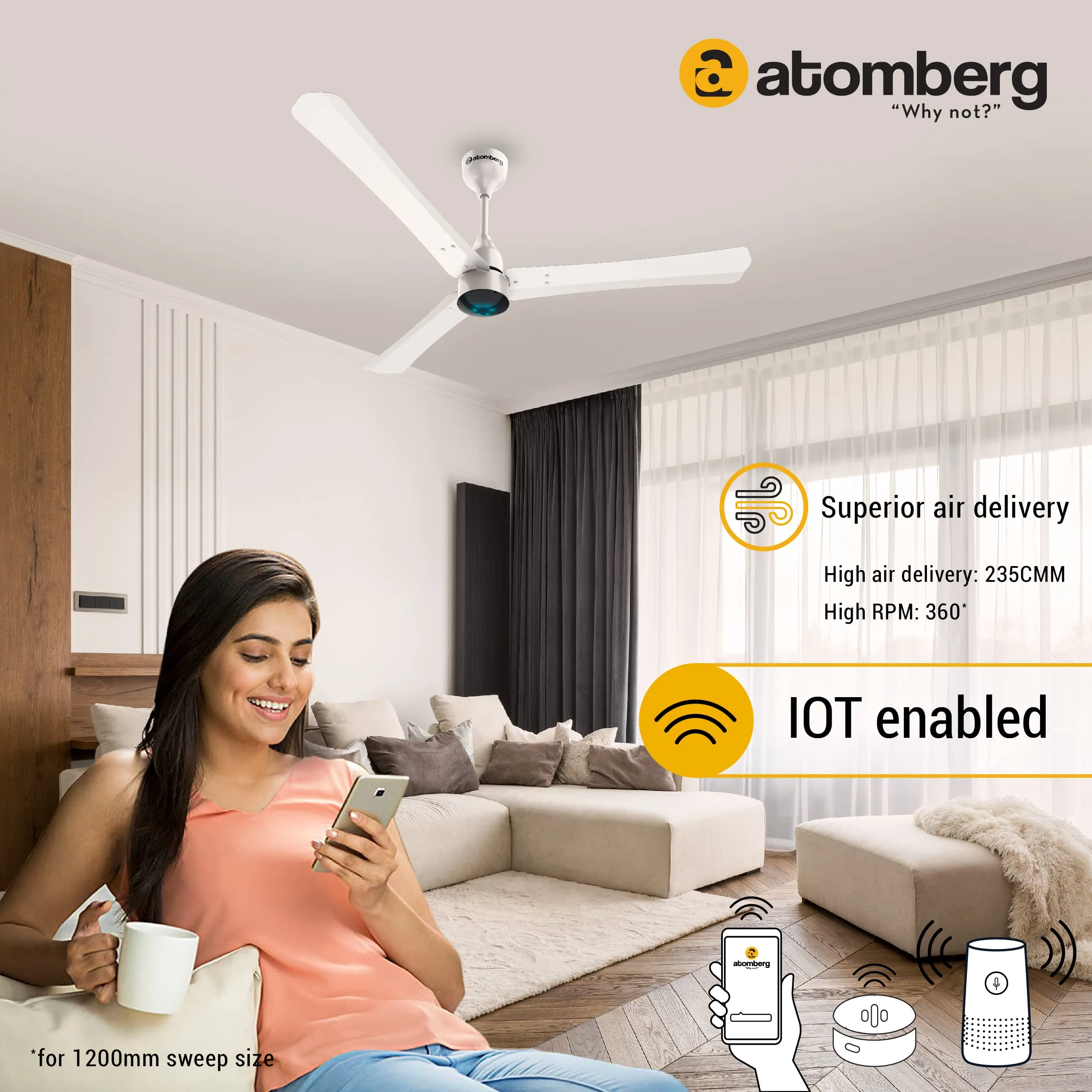 atomberg Renesa Smart  1200mm BLDC Motor 5 Star Rated Ceiling Fan with IoT and Remote | Smart and Energy Efficient Fan with LED Indicators | Saves Upto 65% Energy | 2 1 Year Warranty (Pearl White)