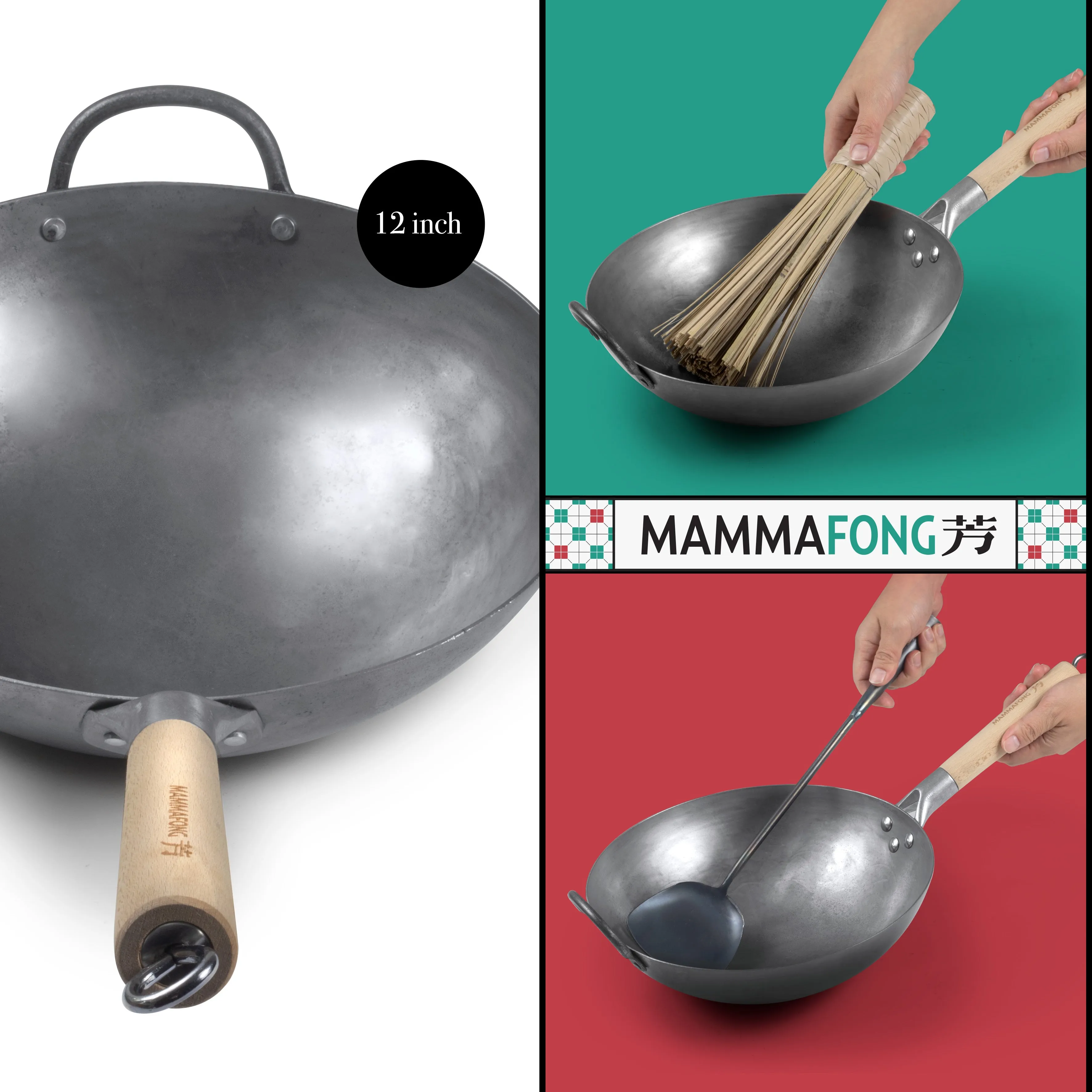 Authentic 12 inch Hand Hammered Round Bottom Carbon Steel Wok Set with Wok Spatula and Bamboo Brush