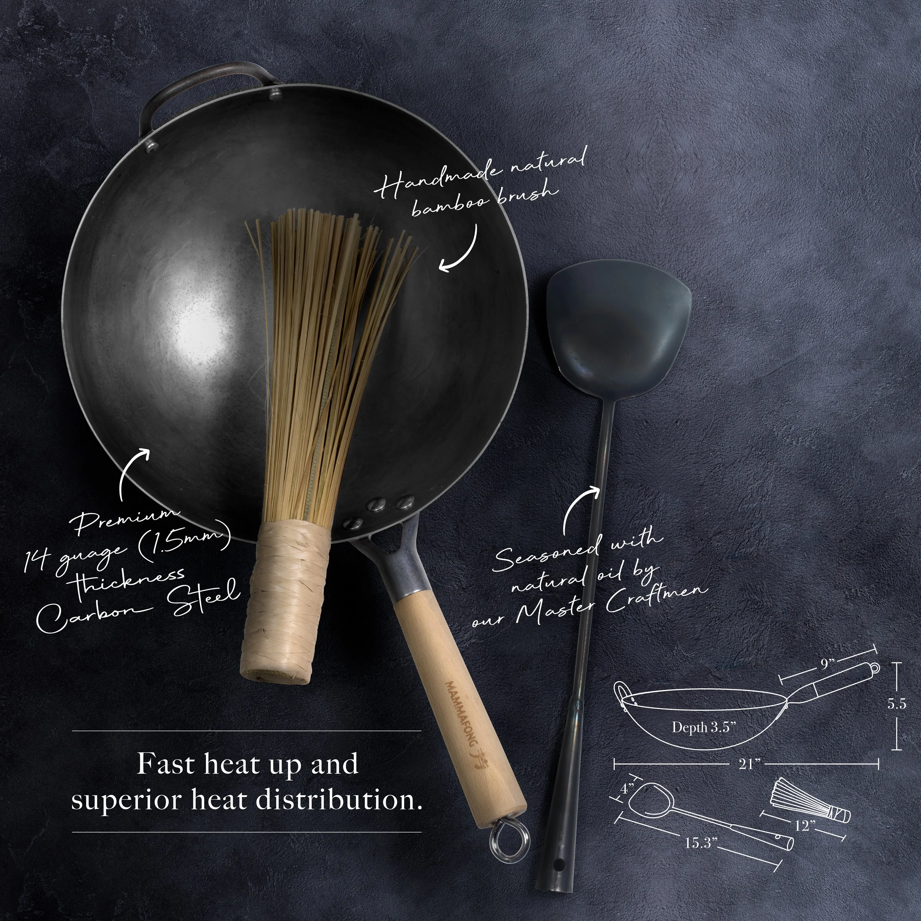 Authentic 12 inch Hand Hammered Round Bottom Carbon Steel Wok Set with Wok Spatula and Bamboo Brush