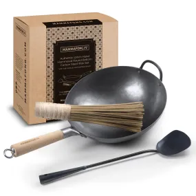 Authentic 12 inch Hand Hammered Round Bottom Carbon Steel Wok Set with Wok Spatula and Bamboo Brush