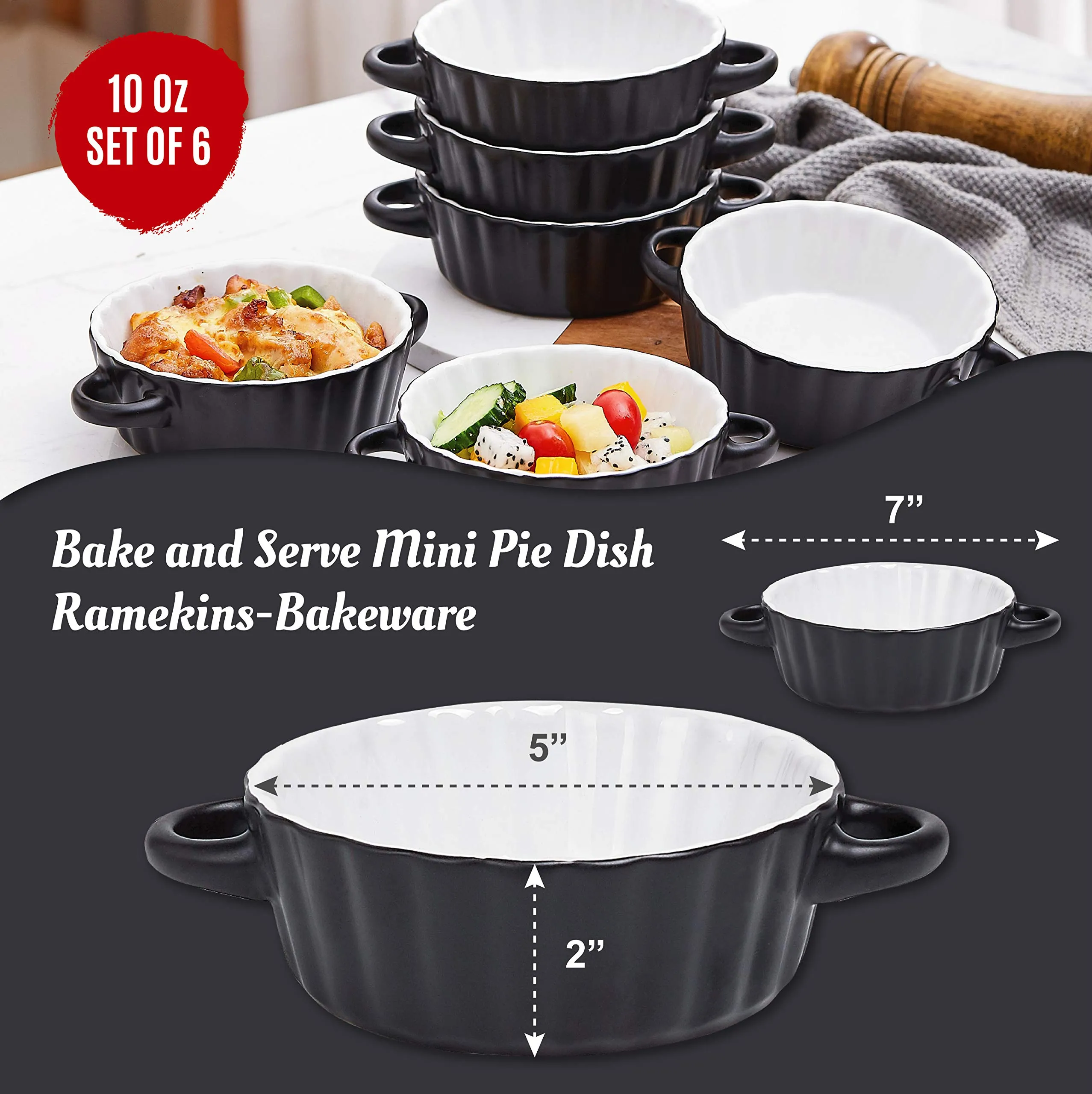 Bake And Serve - 10oz. Oven Safe Set Of 6 Ceramic Souffle Dishes, Round Double Handle