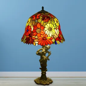 Baroque Gold Stained Glass Flower Patterned Night Lighting Lamp with Elegant Bell/Scalloped Design and Resin Female Figure