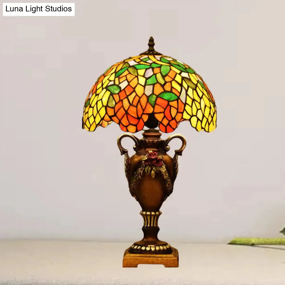 Baroque Wisteria Stained Glass Night Table Lamp with Bronze Trophy Base