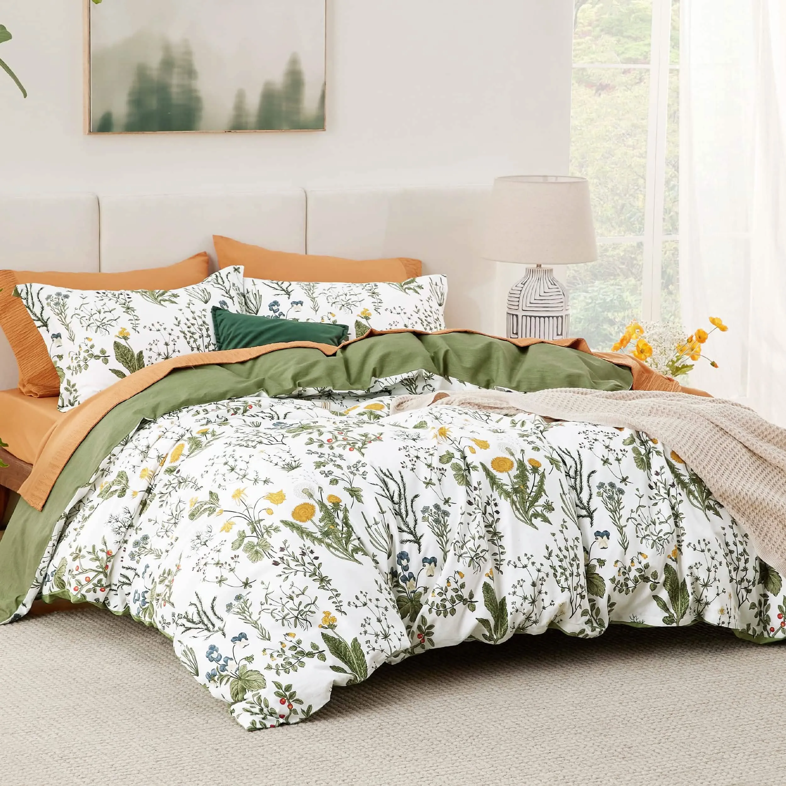 Bedsure 100% Cotton Reversible Floral Duvet Cover Set Green Floral