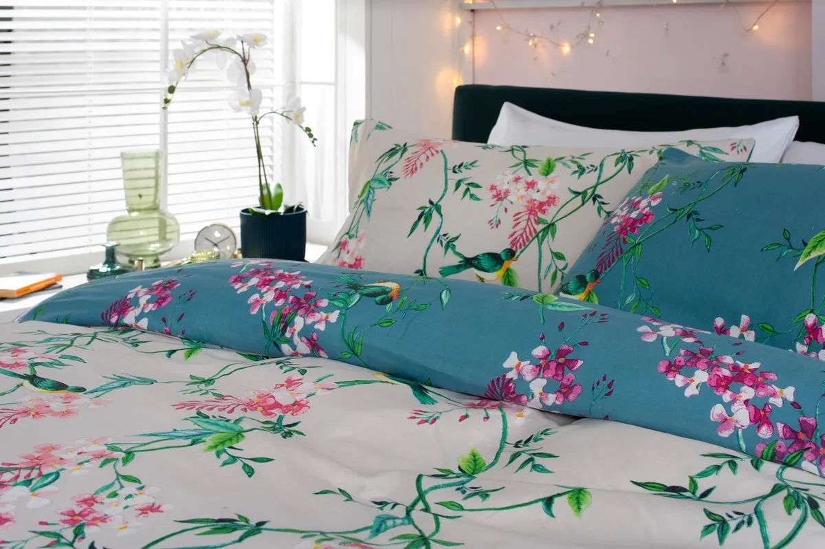 Bird Garden Teal 200 Thread Count Cotton Rich Bedlinen Duvet set - Single Duvet set Bedlinen