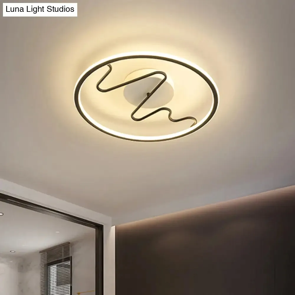 Black Acrylic LED Bedroom Flush Mount Lamp with Modern Ring and Spiral Line Design