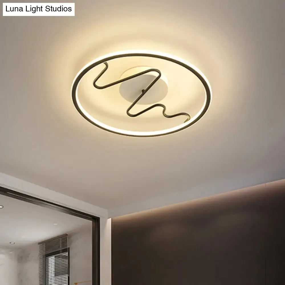 Black Acrylic LED Bedroom Flush Mount Lamp with Modern Ring and Spiral Line Design