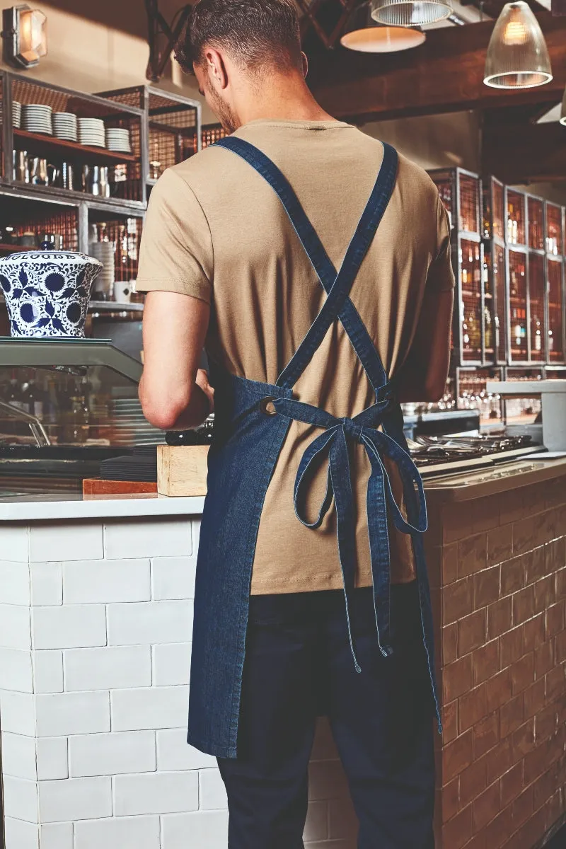 Black Denim Cross Back 'Barista' Bib Adjustable Apron (1 Pocket w/ Pen Slot)