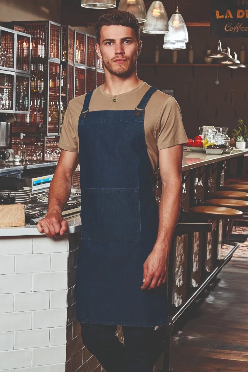 Black Denim Cross Back 'Barista' Bib Adjustable Apron (1 Pocket w/ Pen Slot)