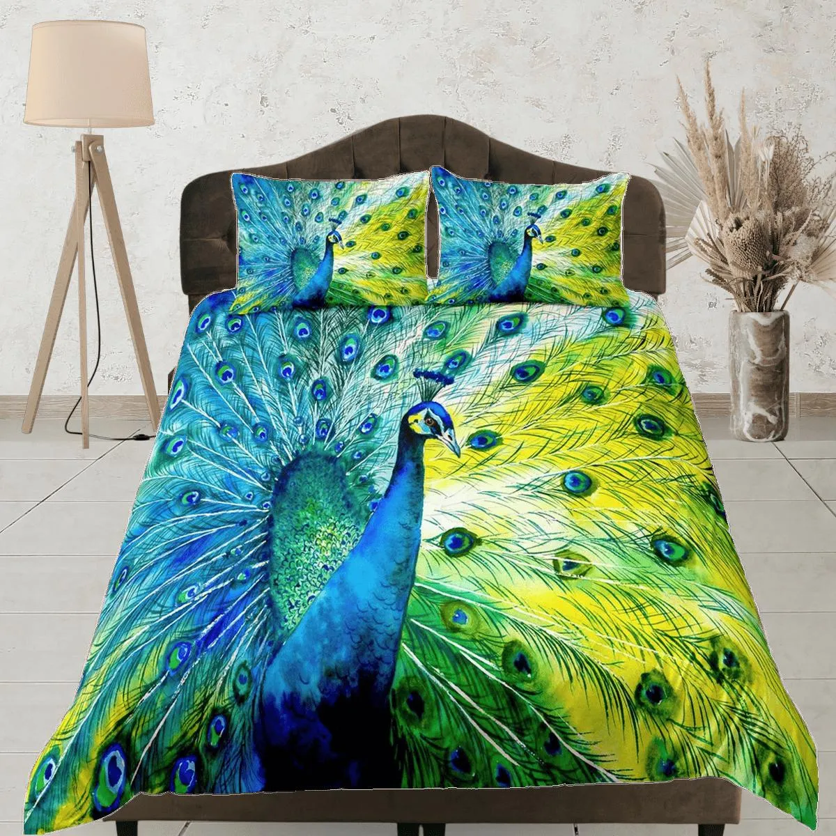 Blue and green peacock decor aesthetic bedding set full, luxury duvet cover queen, king, boho duvet, designer bedding, maximalist bedspread