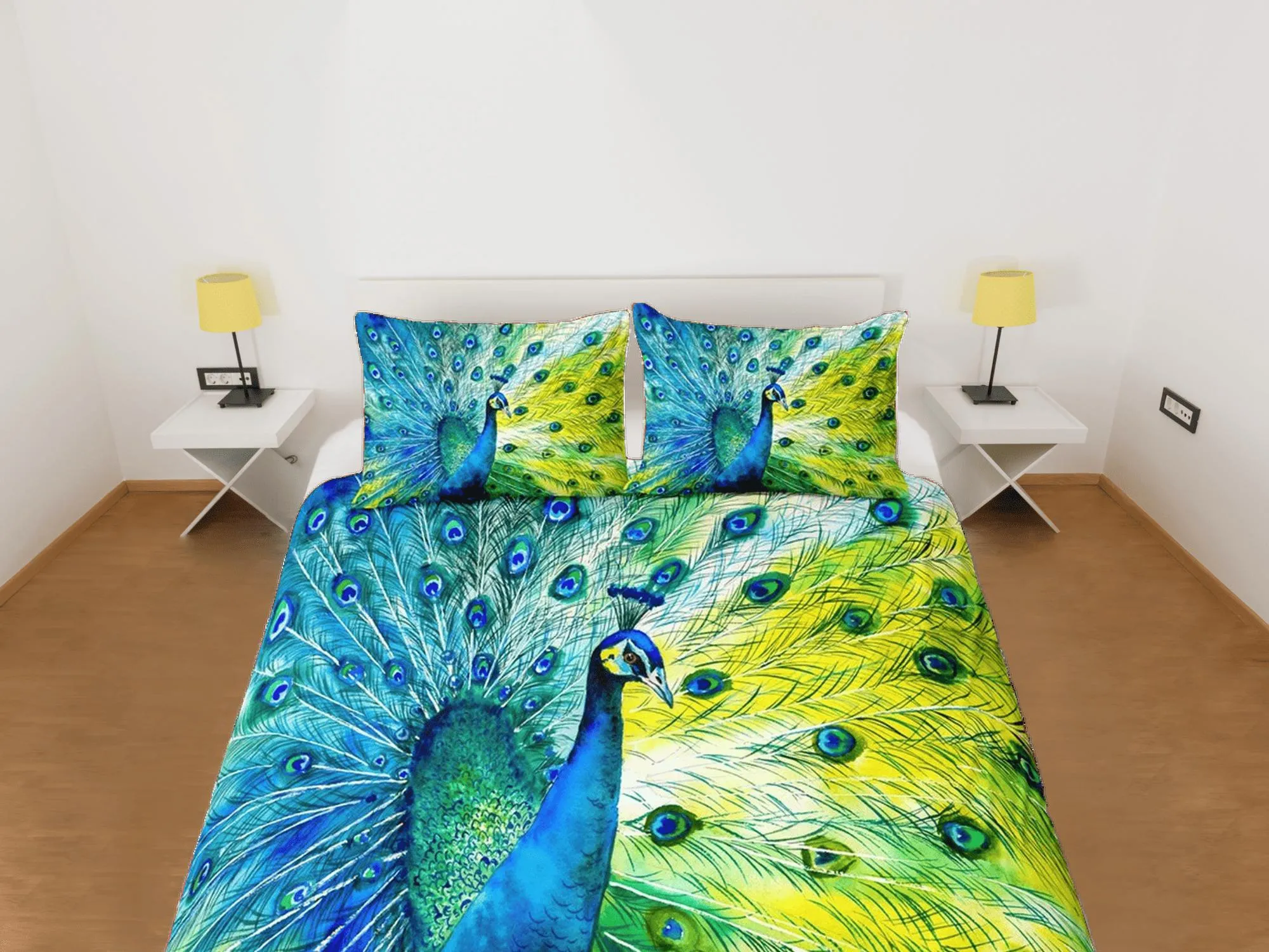 Blue and green peacock decor aesthetic bedding set full, luxury duvet cover queen, king, boho duvet, designer bedding, maximalist bedspread