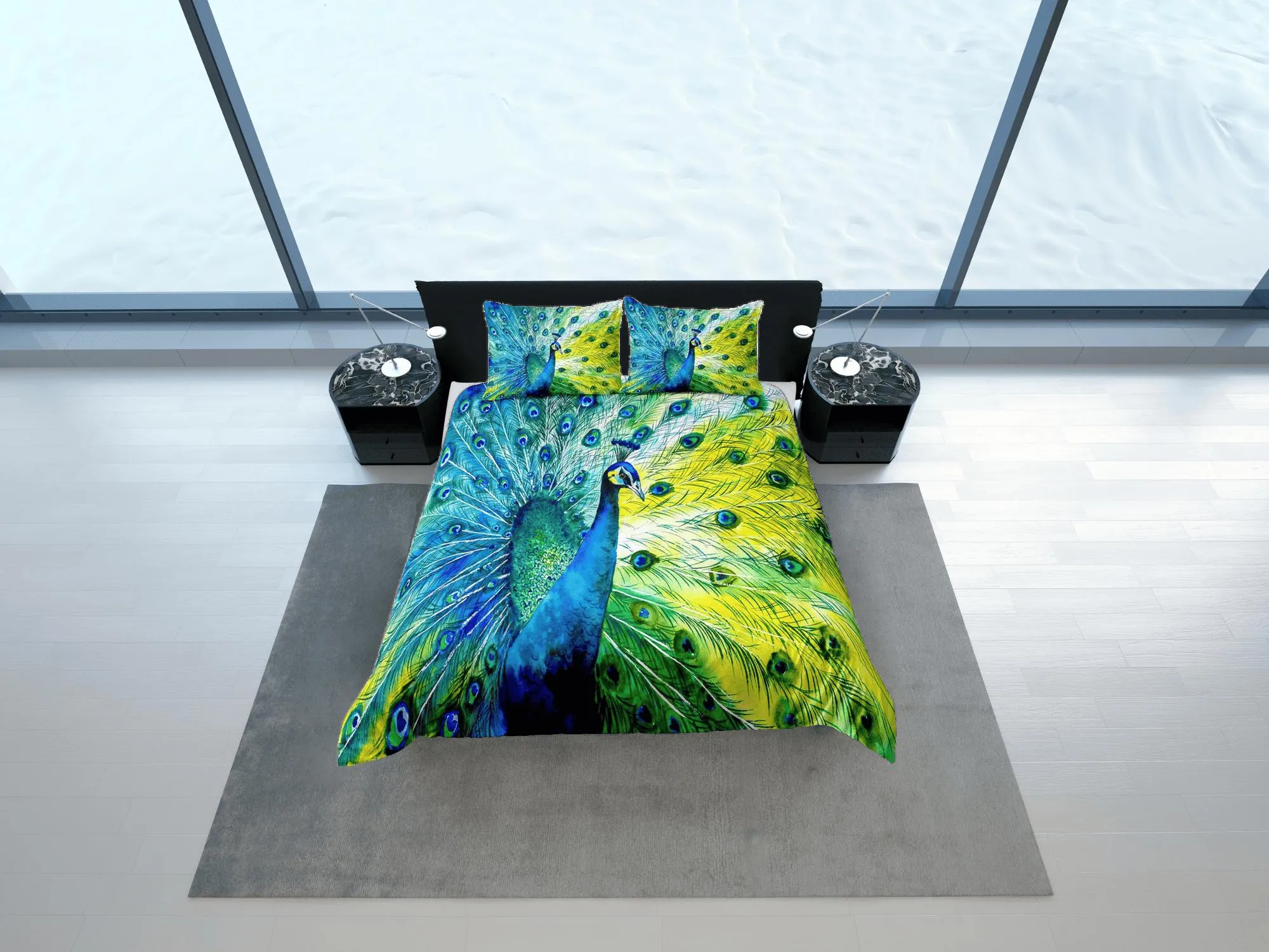 Blue and green peacock decor aesthetic bedding set full, luxury duvet cover queen, king, boho duvet, designer bedding, maximalist bedspread