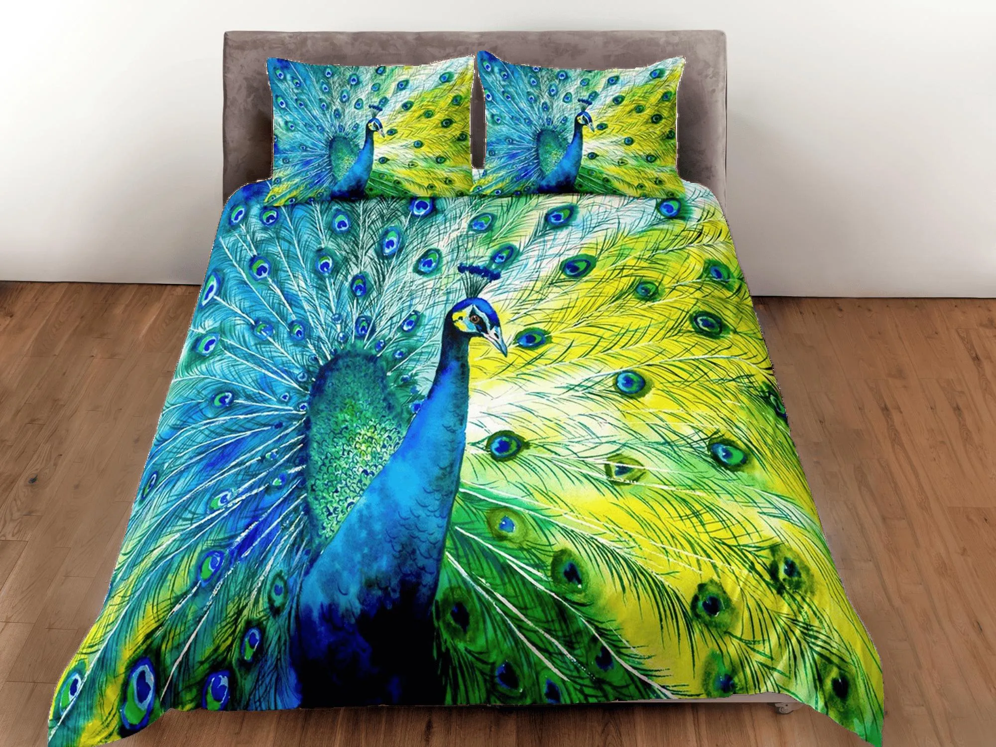 Blue and green peacock decor aesthetic bedding set full, luxury duvet cover queen, king, boho duvet, designer bedding, maximalist bedspread