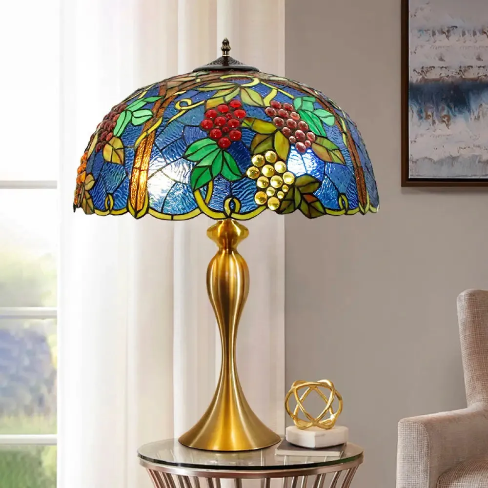 Brass Table Lamp: Dome Nightstand Lighting with Hand Cut Glass and Grapes Pattern