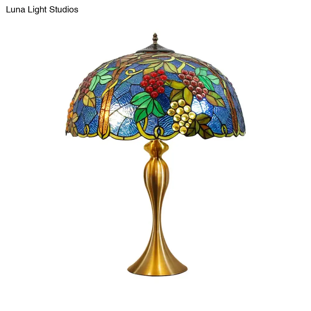 Brass Table Lamp: Dome Nightstand Lighting with Hand Cut Glass and Grapes Pattern